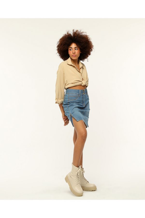 Barkaist Light Blue Denim Skirt with Double Buttons and Zipper Detail Trendyol