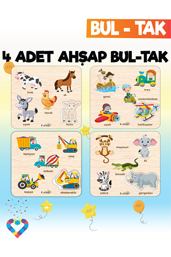 esatoys Eğitici 4 Adet Bul-Tak Oyuncak Hayvanlar, Taşıtlar, İş Makineleri ve Orman Hayvanları