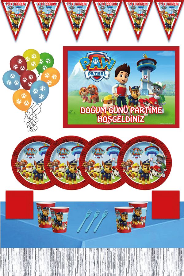 P PARTİ ALEMİ-Paw Patrol 70x100 Banned Table Skirt 40-Person Birthday Party Supplies Set 1