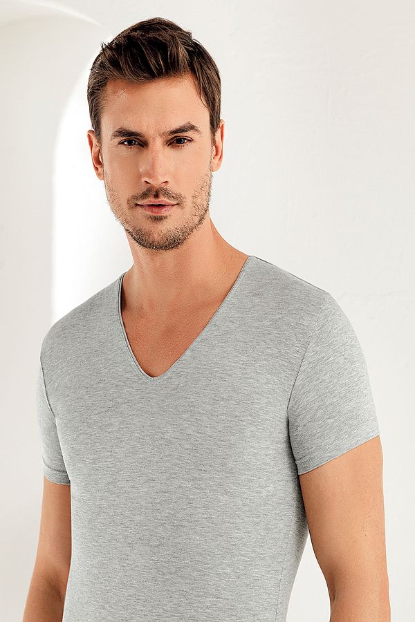 Şahinler-Short Sleeve V-Neck Lycra Single Jersey Tank Top Gray Me081 1