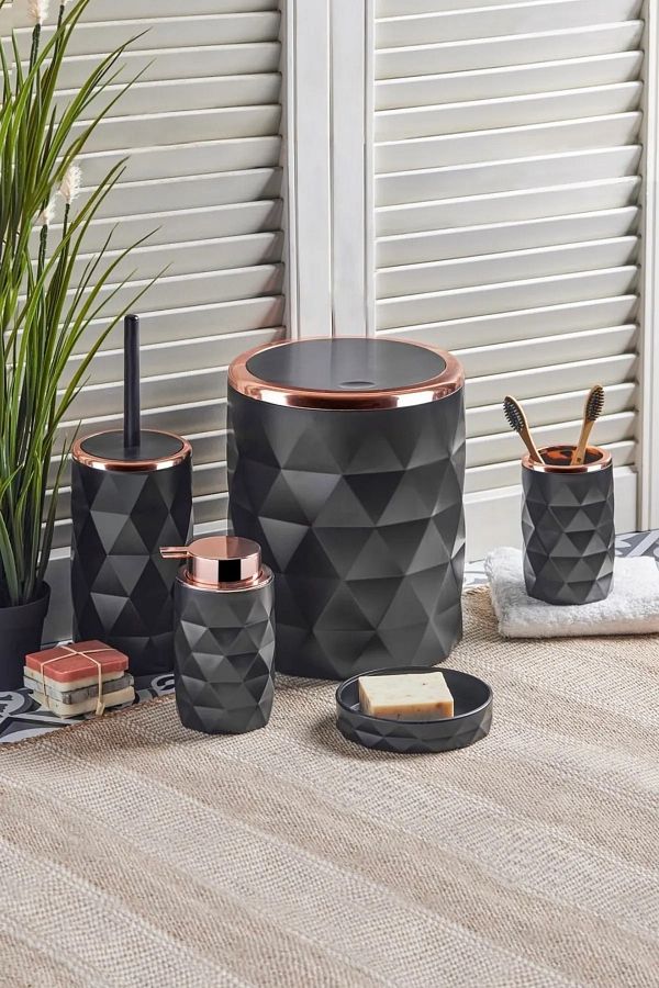 Kitchen Line Diamond Black Rose Bathroom Set Black 5 Pieces Round Trash Can Toothbrush Holder Soap Dish Brush Holder Trendyol