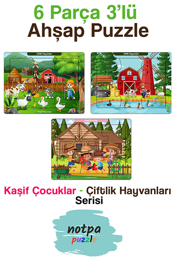 kutuTR Notpa Kaşif Çocuklar Çiftlik Hayvanları Puzzle Seti 6 Parça 13x17 Renkli 3'lü Set 3x-301