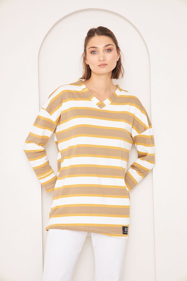 THEGEST-WOMEN'S :BORDO STRIPED V-NECK BASIC KNITTED T-SHIRT 1