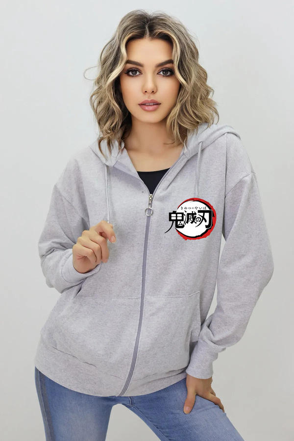 Pisa Art-Demon Slayer Anime Front and Back Printed Gray Zipper Cardigan 1