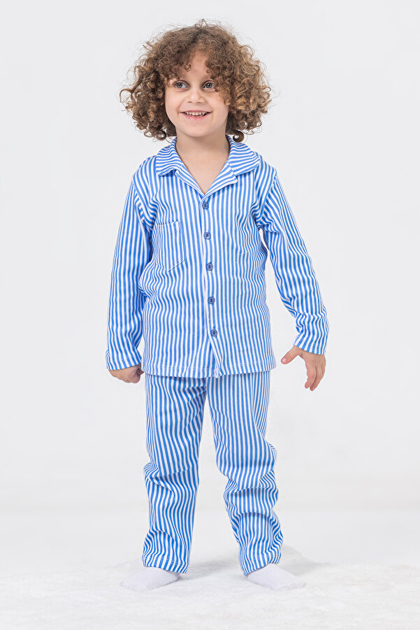 IRK Markacity m Gaffur Pijama Stili Mavi Çizgili Erkek Çocuk Düğmeli Pijama Takım