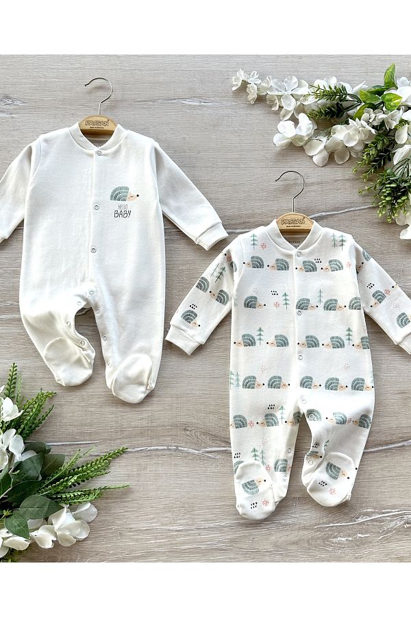 Renkli Puset-Organic Cotton 2-Piece Baby Rompers with Booties Set Hedgehog 1