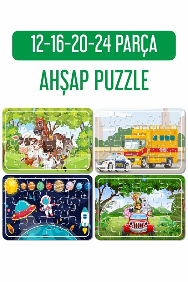 Baskı Atölyesi Sevimli Hayvanlar, Polis Araçları, Sevimli Hayvanlar Araçta, Uzay Yolculuğu Ahşap Puzzle Seti