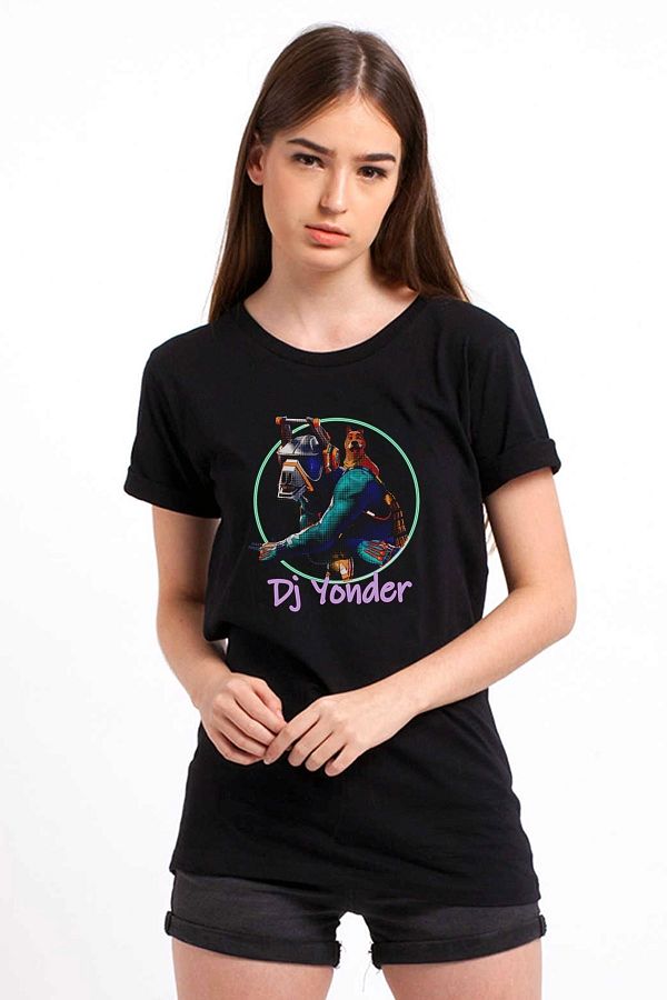 QIVI DJ Yonder Printed Black Women s Knitted Tshirt Trendyol