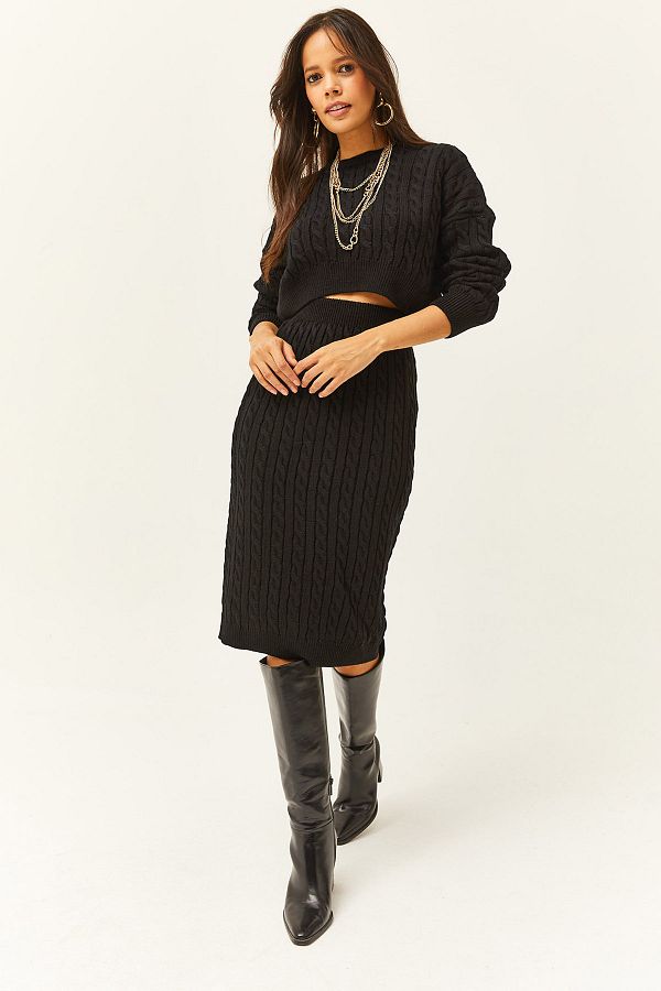 Olalook-Damski czarny top sweter dolna spódnica midi włosy pleciony garnitur TKM-19000247 1