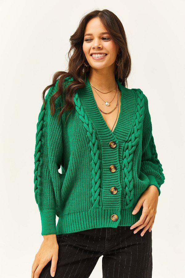 Olalook Women s Grass Green Knitted Detailed Buttoned Knitwear Cardigan HRK 19000261 Trendyol