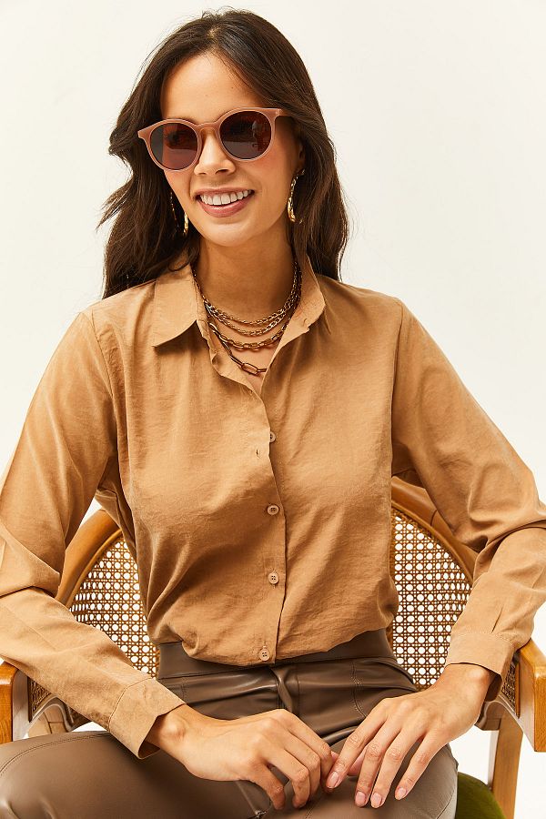 Olalook-Women's Milk Coffee Stonewashed Cupra Woven Shirt GML-19001058 1