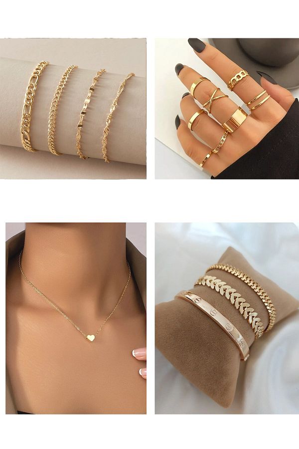 X Lady Accessories Gold Color Combination Dorika Bracelet 10 Lu Joint Ring Heart Sf Necklace Plain Caterpillar and Fishbone Bil Trendyol