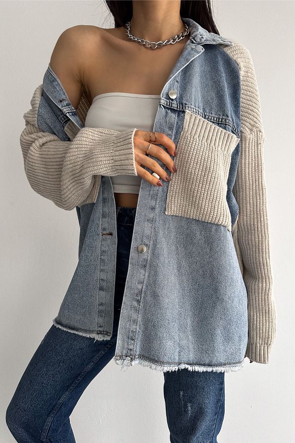 FEMELLE Women s Beige Sleeves and Pocket Knitted Oversize Denim Denim Cardigan Trendyol