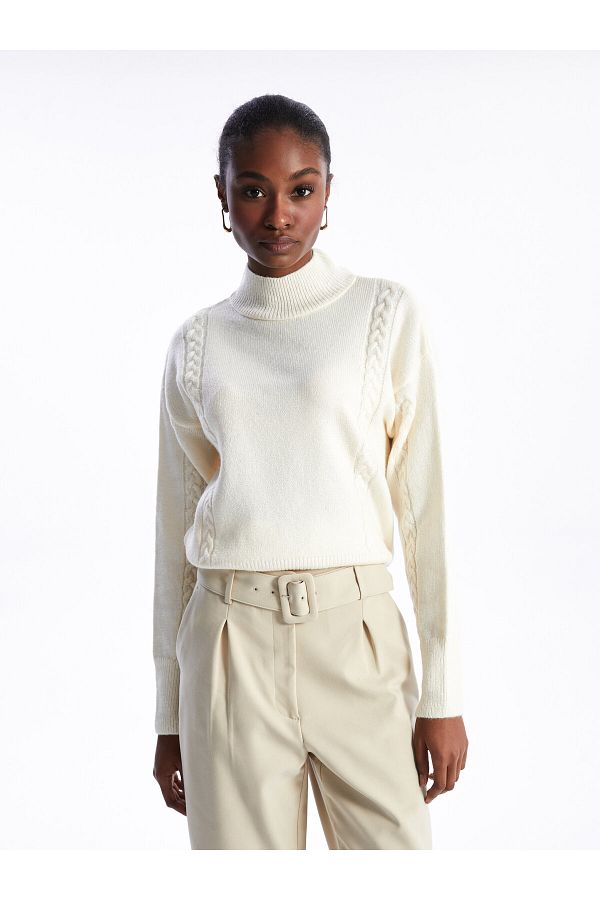 LC Waikiki-Selbstgemusterter, langärmliger, übergroßer Damen-Strickpullover mit halbem Rollkragen 1