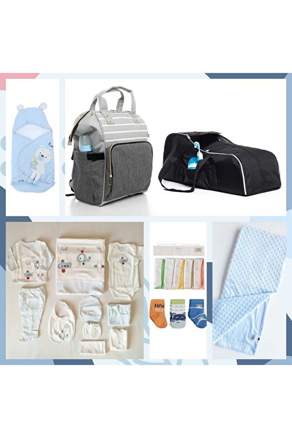 DERİNBEBE 7 Parça Doğum Seti Portbebe,10’lu Hastane Çıkış, Çanta, Alt Açma, Mendil, Çorap, Nohut B..