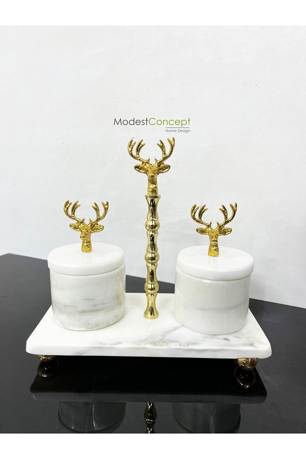 Modestmar Natural White Marble Spice Rack Set 3 pieces with lid gold deer object marble spice bowl set Trendyol