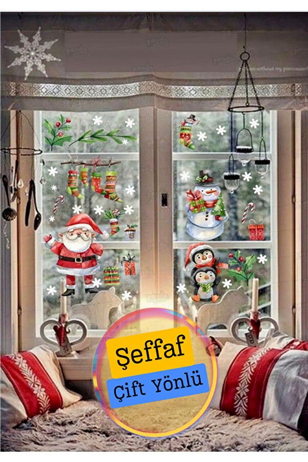 Think And Print Cam için Şeffaf Çift Görünümlü Yılbaşı Karlı Ev Noel Baba Yılbaşı Ağacı Yeniyıl Sticker Christmas