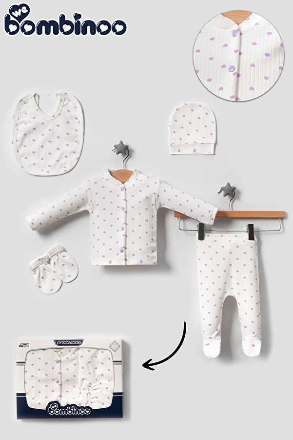 webombinoo 5 Parça Yeni Doğan Zıbın Set Hastane Cıkışı Fitilli Ekru Kumaşa Lila Kalpli Kutulu