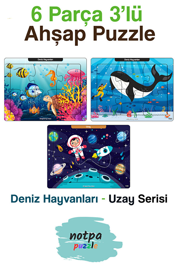 kutuTR Notpa Kaşif Çocuklar Deniz Hayvanları Uzay Serisi Puzzle Seti 6 Parça 13x17 Renkli 3'lü Set 3x-304