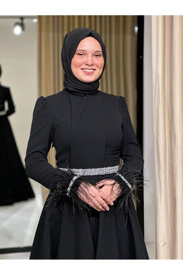 Kaleiçi Yıldızlar-Stars New Season Hijab Waist-Sitting Waist Belted Sleeves Feather Evening Dress 526black 1