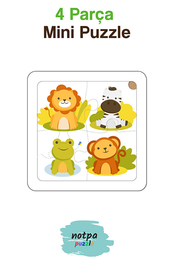 kutuTR NOTPA Çocuklar İçin Eğitici ve Öğretici 4 Parça Ahşap Renkli Yapboz Aslan, Kurbağa