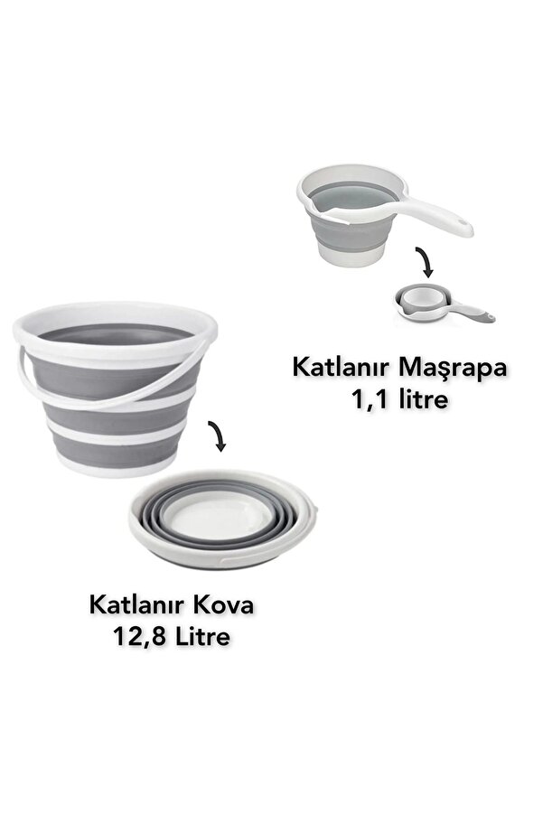YOGH Katlanır Katlanabilen Kova 12,8 Litre Katlanır Maşrapa (Koçero) Gri 2'Lİ SET