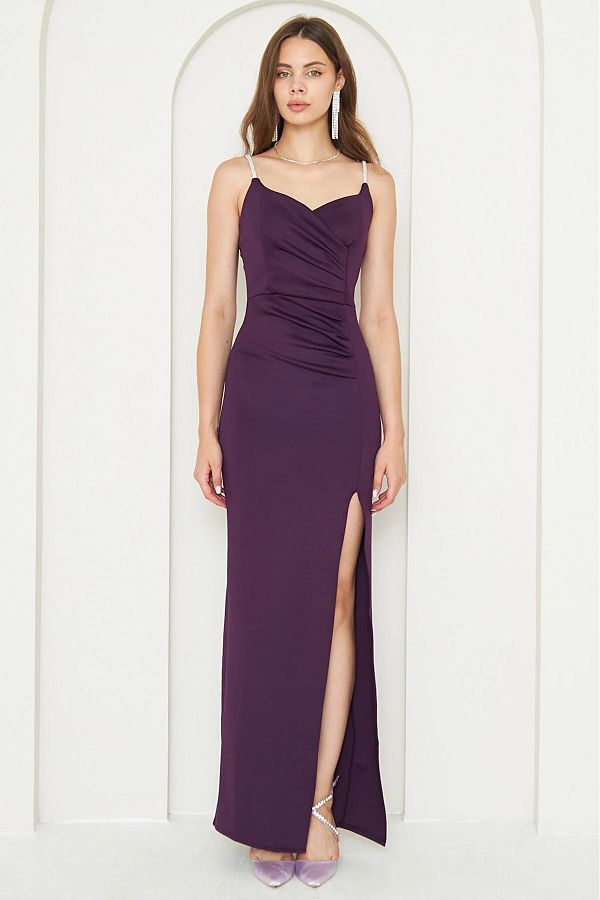 WOMAN VISION-Scuba Fabric Stone Λεπτομερές Maxi Φόρεμα Plum - Χαμηλό μπούστο και σκίσιμο 582513 1