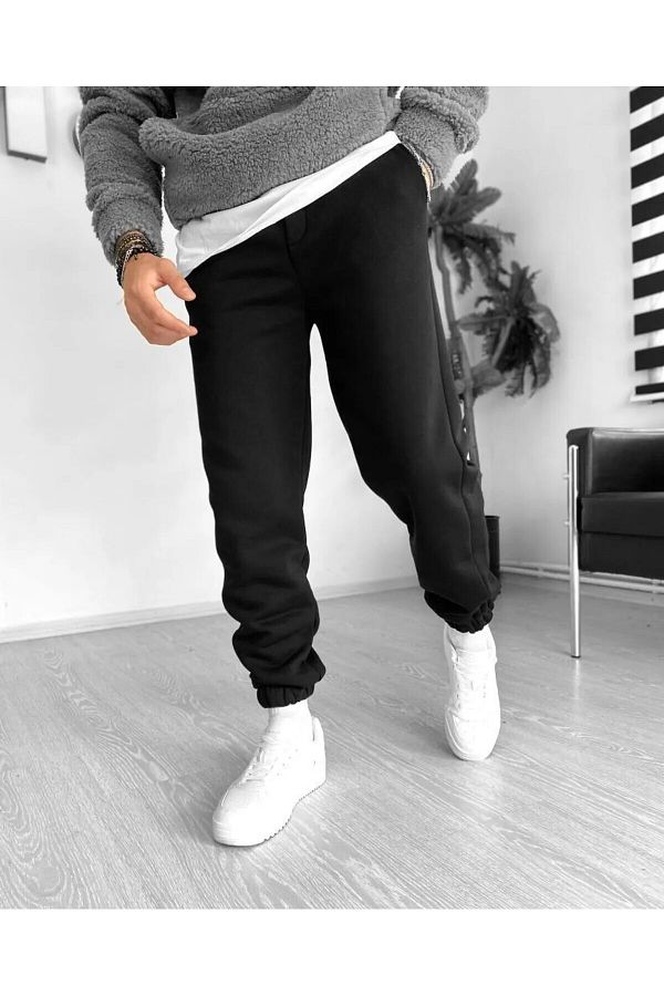 F TGO Rubber Leg Black Cotton Thick Sweatpants Trendyol