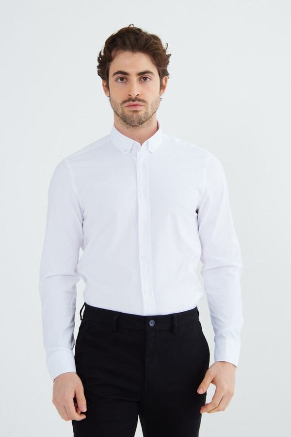 RAVANELLI-Λευκό Slimfit Cotton Oxford Lycra γιακά με κουμπιά μακρυμάνικο ανδρικό πουκάμισο G490 1
