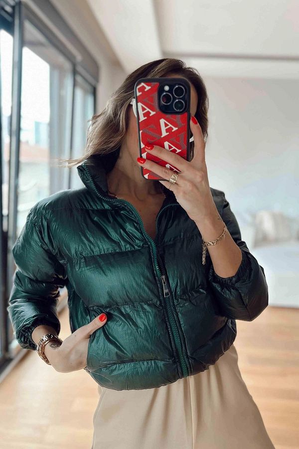 misseale M SSEALE Stand Collar Shiny Short Puffer Jacket Brown and GREEN COLOR OPTIONAL Trendyol