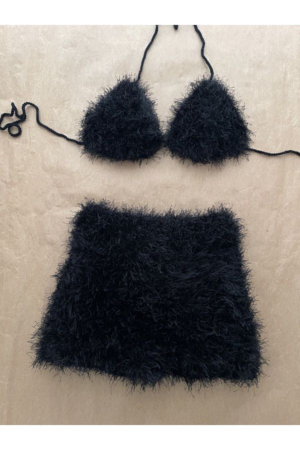 scyllastore-Raven Black Fluffy Rope Custom Design Shorts Top Set 1