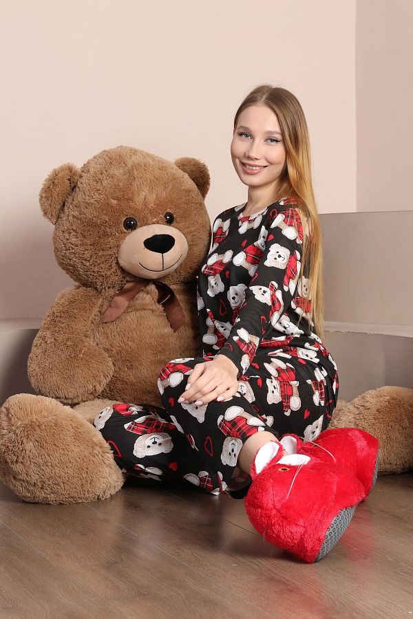 Seamoda Teddy Bear And Heart Patterned Cotton Long Sleeve Black Plus Size Comfortable Women s Pajamas Trendyol