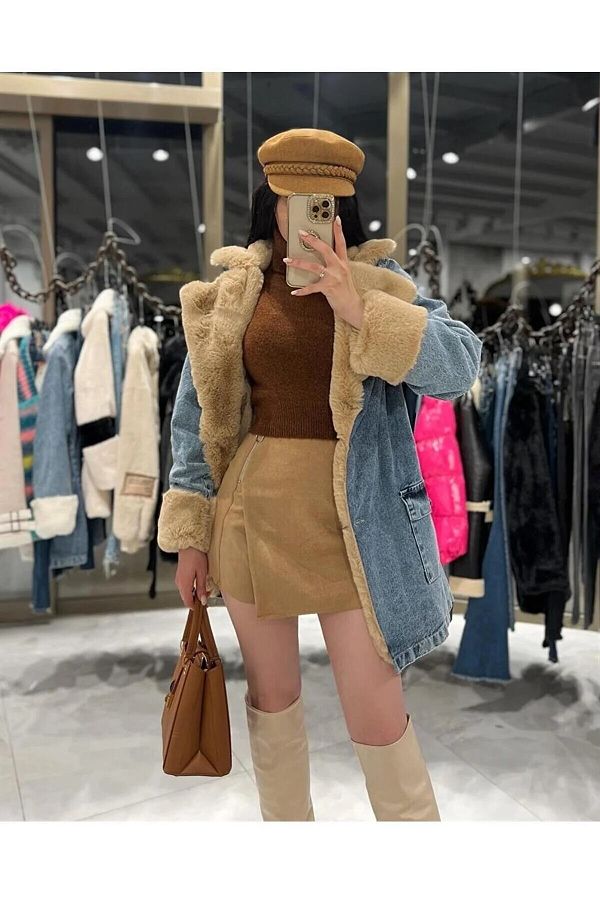 Long denim coat with fur clearance
