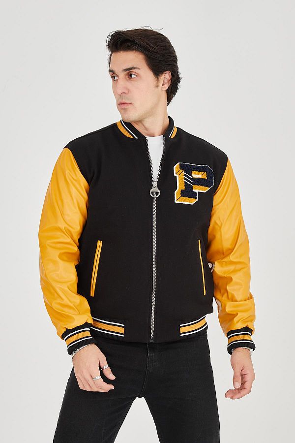 W LDONE Men s Yellow Faux Leather Jacket Internal Fiber and Lined Sleeves Trendyol