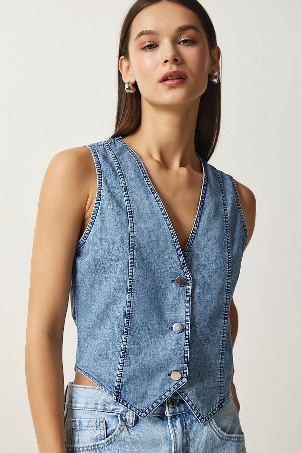 Happiness stanbul Women s Light Blue Metal Button Detailed Slim Denim Vest DD01278 Trendyol
