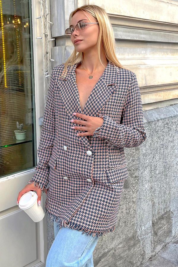 Swist Powder Houndstooth Pattern Fringed Tweed Blazer Women s Jacket Trendyol
