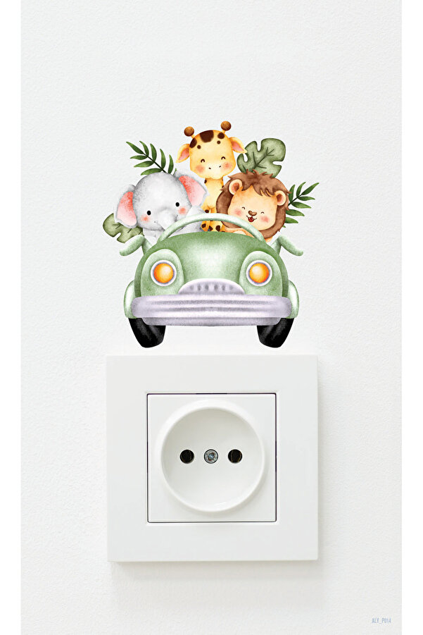 AlyMarkt Aslan Fil ve Zürafa Arabada Temalı Çocuk Odası Priz Dolap Kapı Duvar Ayna için Eğlenceli Sticker