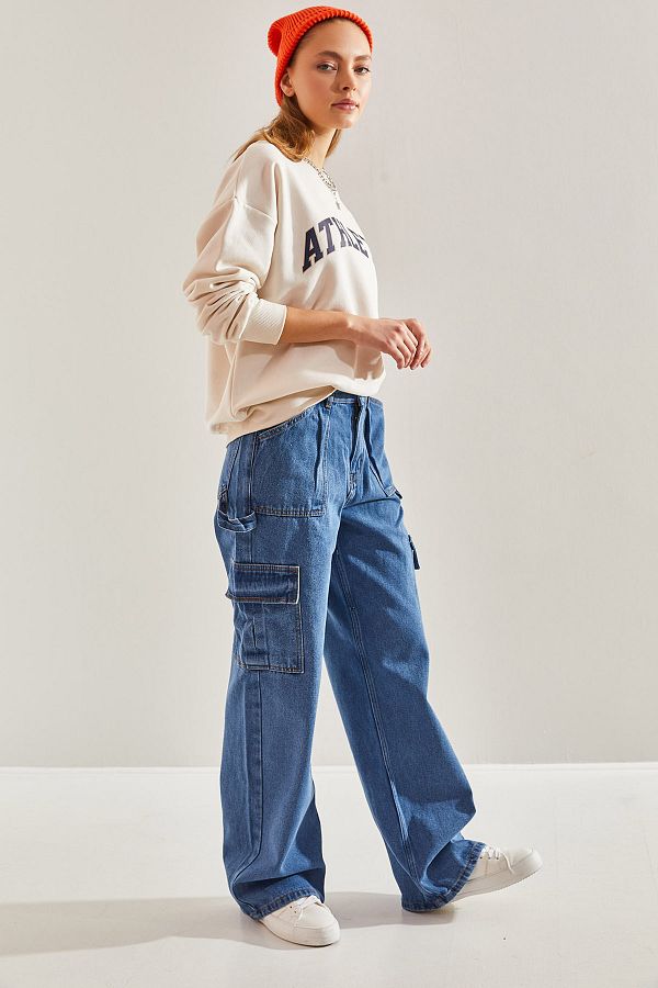 Bianco Lucci-Damen-Hose mit weitem Bein und Cargotasche 1