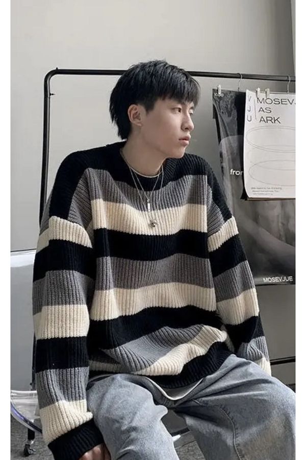 Kostebek Gray Black Striped Oversize Grunge Sweater Trendyol