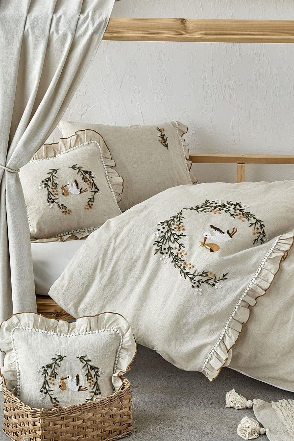 Ecocotton Polina Baby Girl Duvet Cover Set 100 Linen Hand Embroidered Beige 100x150 cm Trendyol