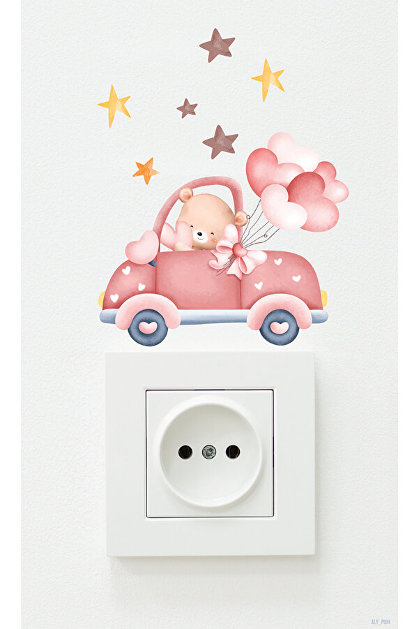 AlyMarkt Sevimli Arabalı Ayıcık Temalı Priz Dolap Kapı Duvar Ayna Cam Için Eğlenceli Sticker