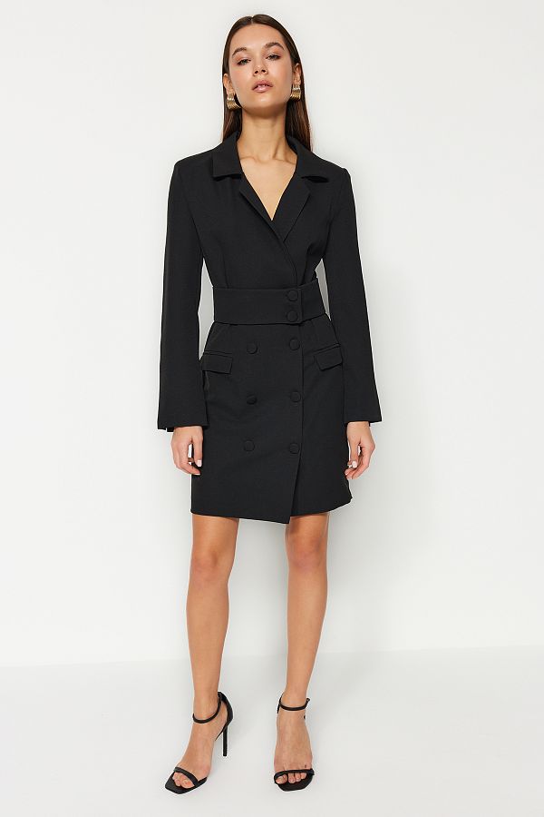 Trendyol Collection-Schwarzes Mini-Webkleid mit gewebten Knöpfen und Gürtel TWOAW24EL00497 1
