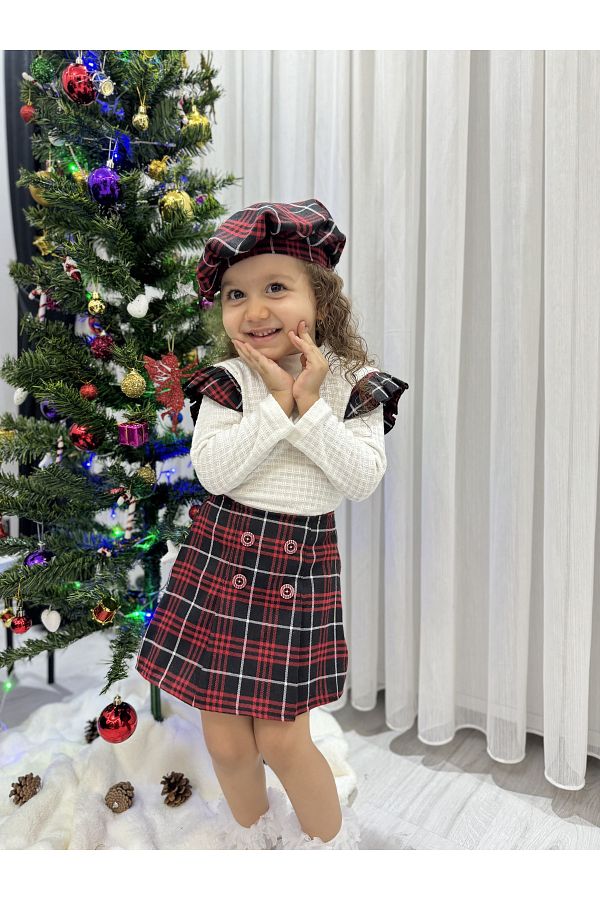 Minizade Winter Baby Girl Triple Set with Lumberjack Skirt and 100 Cotton Fabric Badi Hat Trendyol