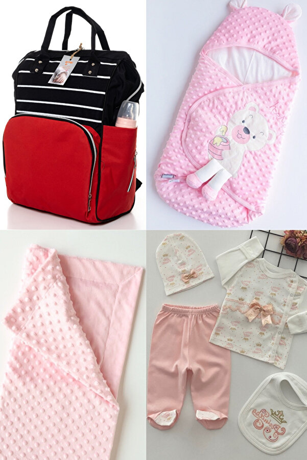 sahra bebek 4'LÜ BÜYÜK DOĞUM SETİ (HASTANE ÇIKIŞI, BEBEK BAKIM ÇANTASI,%100 PAMUK KUNDAK VE NOHUT BATTANİYE)