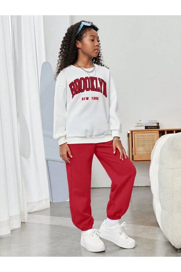 MORNİNG KİDS-Girl's White-Red Brooklyn Printed Tracksuit Set 1