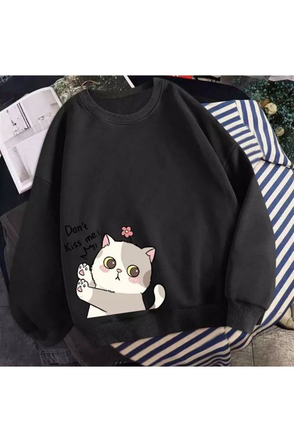 DUBU BUT K Sweet Cat Design Sweatshirt Black Printed Oversize Thick Winter Crew Neck Trendyol