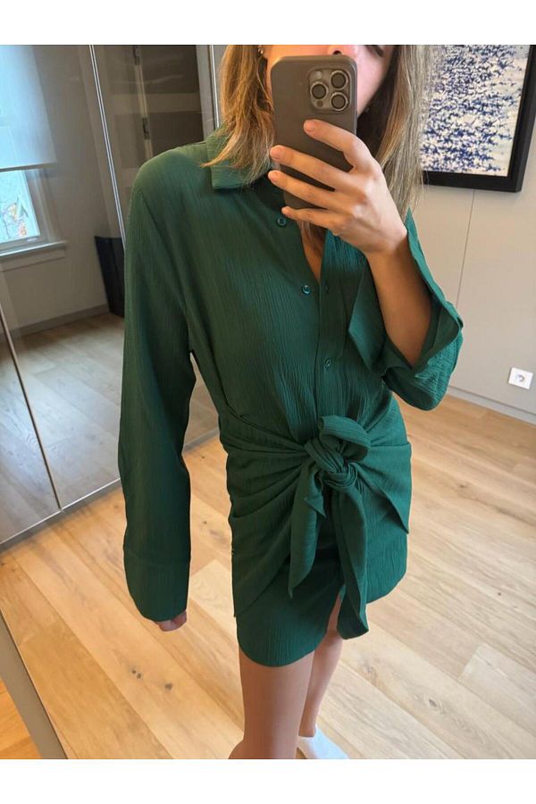 Whenever Company Emerald Green Comfortable Fabric Front Belted Shirt Dress Trendyol