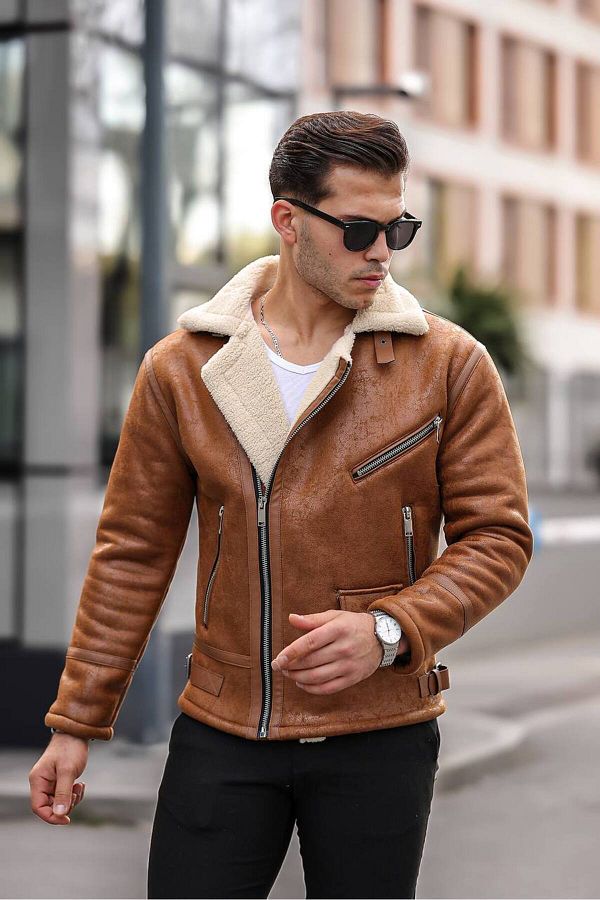 TREND L FE Men s Tan Napa Leather Fur Lined Coat Jacket Trendyol