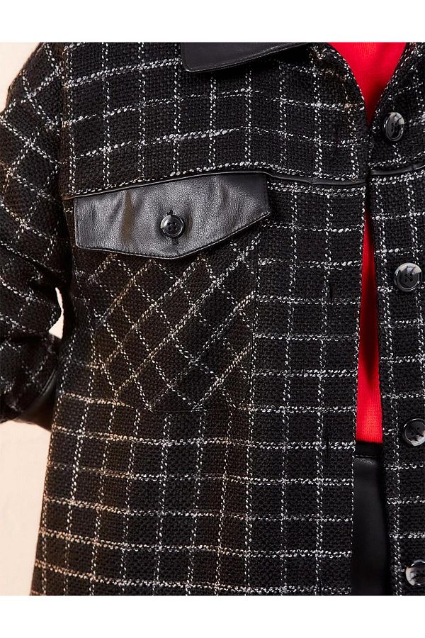 Kayra Checkered Faux Leather Detailed Jacket Black Trendyol