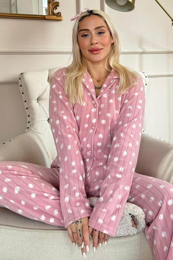 Pijamaevi-Комплект розова плюшена поларена пижама с шарени предни копчета Debesis 1